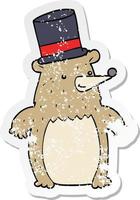 pegatina angustiada de un oso de dibujos animados con sombrero de copa