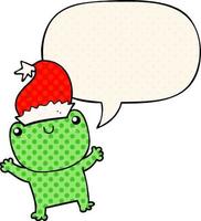 cute cartoon frog wearing christmas hat and speech bubble in comic book style vector