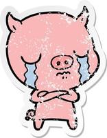 pegatina angustiada de un cerdo de dibujos animados llorando