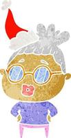 retro cartoon of a librarian woman wearing spectacles wearing santa hat vector