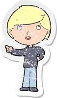 retro distressed sticker of a cartoon boy pointing vector