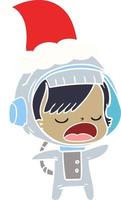 flat color illustration of a talking astronaut woman wearing santa hat vector