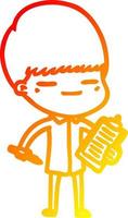 warm gradient line drawing cartoon smug boy with clip board vector