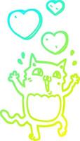 línea de gradiente frío dibujo gato de dibujos animados loco enamorado vector