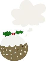 cartoon christmas pudding and thought bubble in retro style vector