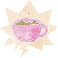 cartoon coffee cup and speech bubble in retro textured style vector