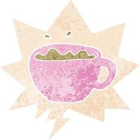 cartoon coffee cup and speech bubble in retro textured style vector