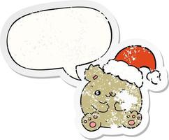 cute cartoon christmas bear and speech bubble distressed sticker vector