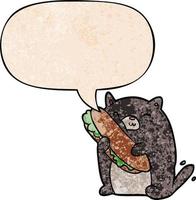 gato de dibujos animados que ama el sándwich increíble que acaba de hacer para el almuerzo y la burbuja del habla en estilo de textura retro