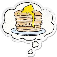 cartoon stack of pancakes and thought bubble as a distressed worn sticker vector