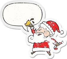 cartoon santa claus and hot cocoa and speech bubble distressed sticker vector
