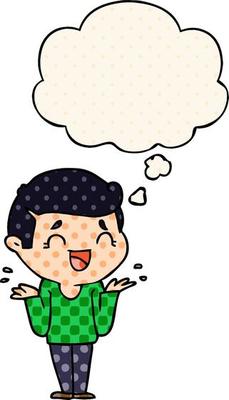 cartoon laughing confused man and thought bubble in comic book style