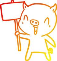 warm gradient line drawing happy cartoon pig with sign post vector