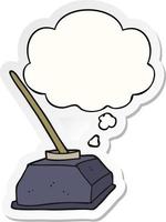 cartoon old ink pot and pen and thought bubble as a printed sticker vector