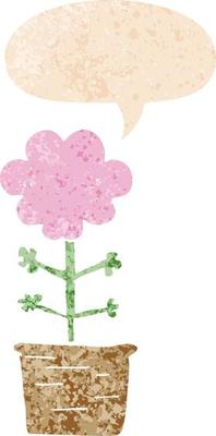 cute cartoon flower and speech bubble in retro textured style