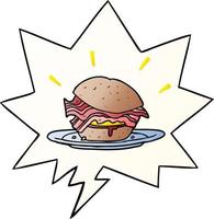 cartoon amazingly tasty bacon breakfast sandwich and cheese and speech bubble in smooth gradient style vector