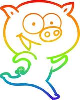 rainbow gradient line drawing cheerful running pig cartoon vector