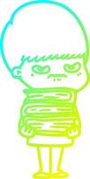 cold gradient line drawing angry cartoon boy with books vector