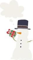 cartoon snowman and thought bubble in retro style vector