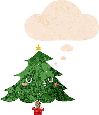 cute cartoon christmas tree and thought bubble in retro textured style