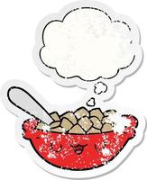 cute cartoon bowl of cereal and thought bubble as a distressed worn sticker vector