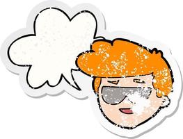 cartoon boy wearing sunglasses and speech bubble distressed sticker vector