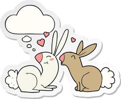 cartoon rabbits in love and thought bubble as a printed sticker vector