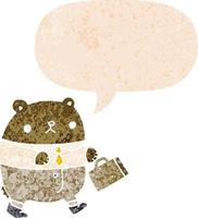 cartoon bear in work clothes and speech bubble in retro textured style vector