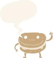 dibujos animados agitando el personaje de la torta y la burbuja del habla en estilo retro vector