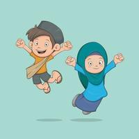 cute muslim characters boy and girl jumping happily, cartoon design, vector design