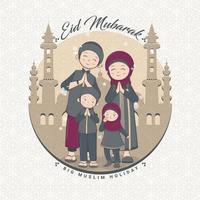 feliz familia musulmana saludando y celebrando eid mubarak vector