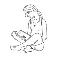 pegatina de garabato con una chica sentada en el suelo con un libro vector
