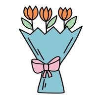 Doodle sticker beautiful bouquet of tulips vector