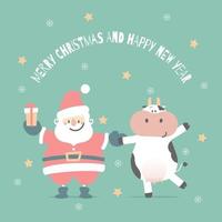 feliz navidad y feliz año nuevo con lindo santa claus y vaca, en el fondo verde de la temporada de invierno, el año del zodíaco de vaca, diseño de vestuario de personaje de dibujos animados de ilustración vectorial plana vector