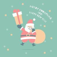 merry christmas and happy new year with cute santa claus and present gift in the winter season green background, flat vector illustration cartoon character costume design