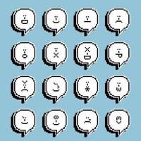 collection set of retro game 8 bit pixel emoji, emoticon with speech bubble balloon, text box, black and white color with shadow, expression icon concept, flat design vector illustration