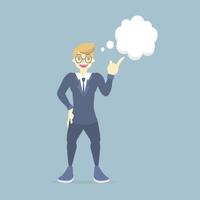 hombre de negocios en traje pensando en una burbuja de habla en blanco, teniendo una idea concepto de inspiración creativa, diseño de dibujos animados de personajes de ilustración vectorial plana