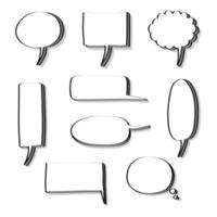 collection set of hand drawn 3D blank speech bubble balloon, think, speak, talk, text box banner, black and white color, flat design vector illustration