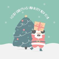 merry christmas and happy new year with cute santa claus and christmas tree pine in the winter season green background, flat vector illustration cartoon character costume design