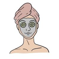 Doodle sticker relaxing girl with cosmetic mask on her face vector