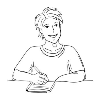 Student guy makes notes for study vector