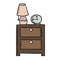Doodle sticker bedside table with lamp and clock vector