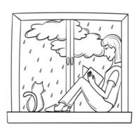 Doodle sticker with a girl sitting on a window with a cat vector