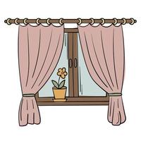 Doodle sticker of a cozy window with curtains vector