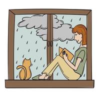 Doodle sticker with a girl sitting on a window with a cat vector