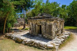 Mayan ruins in shadow of trees in jungle tropical forest Playa del Carmen, Riviera Maya, Yu atan, Mexico photo