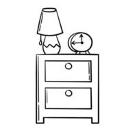 Doodle sticker bedside table with lamp and clock vector