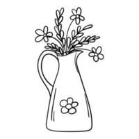 garabato, pegatina, jarra, con, flores vector