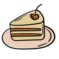 Doodle sticker slice of delicious cake vector