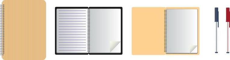 Bloc de notas en espiral realista en blanco y bolígrafo blanco aislado en vector blanco. mostrar maquetas para identidad corporativa y objetos de promoción.